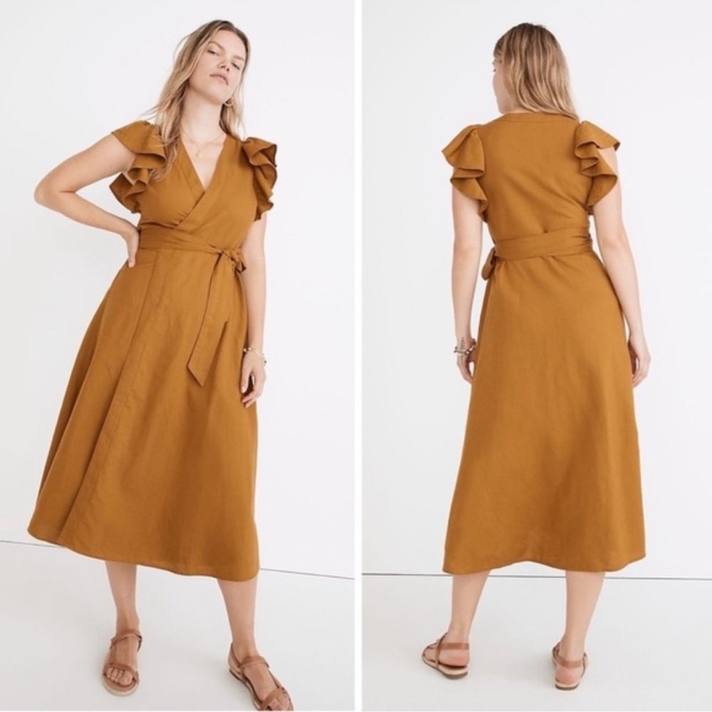 New! Madewell Linen Ruffle Sleeve Wrap Midi Dress Medium
